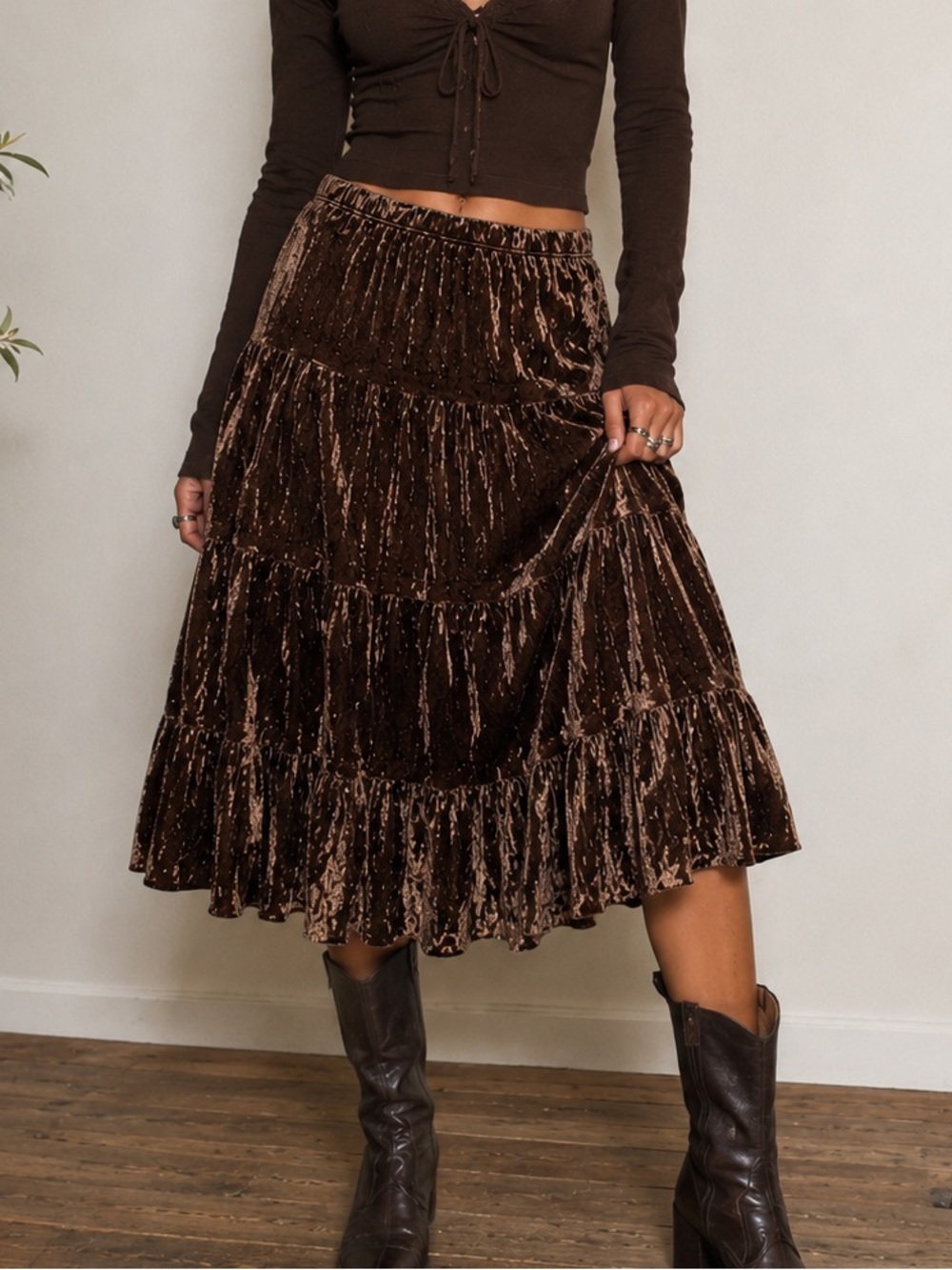 Clothes Compact Brown Bronze Crushed Velvet Boho Midi Skirt M